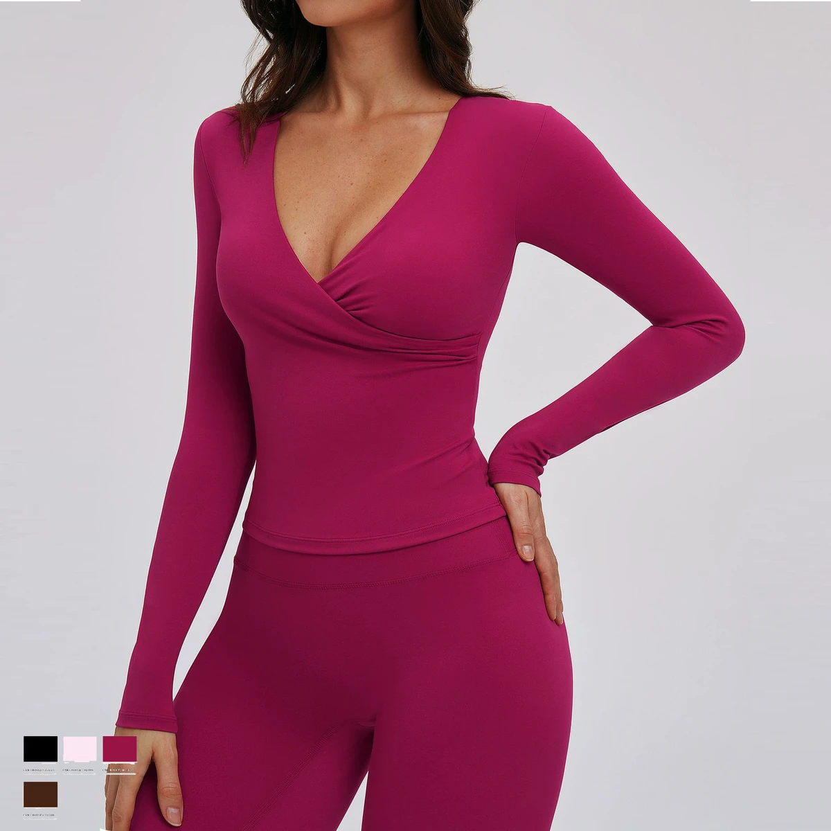Cross V Neck Long Sleeve Solid Yoga Crop Top Soft Slim Fit Stretchy Breathable Outdoor Running Women's Crop Tops