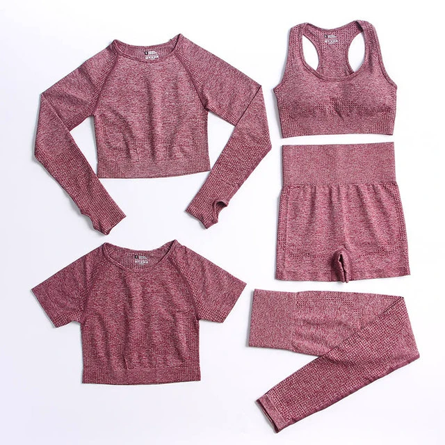 Workout Sportswear Running Private Label Leggings Activewear Clothing Women 5 Piece Seamless Ribbed Yoga Gym Fitness Sets