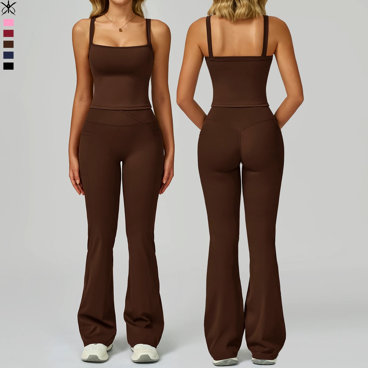 Autumn New Breathable Quick-drying Double-strap Yoga Vest and Cross High-waist Flare Pants Outdoor Running Sports Fitness Set