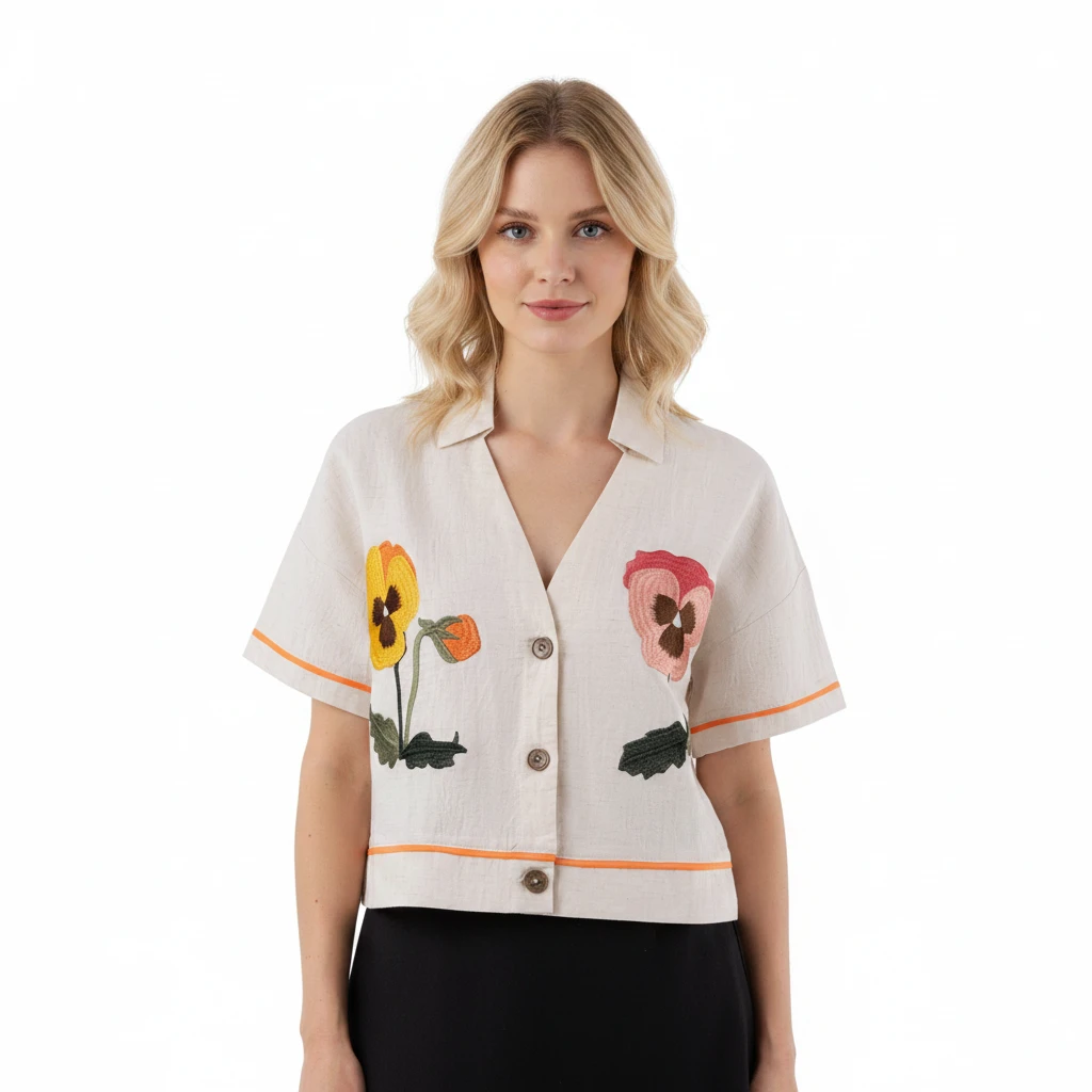 Low Moq Custom Women Linen Blend Cropped Shirt Short Sleeve Polo Neck Drop Shoulder Floral Embroidered Women Top