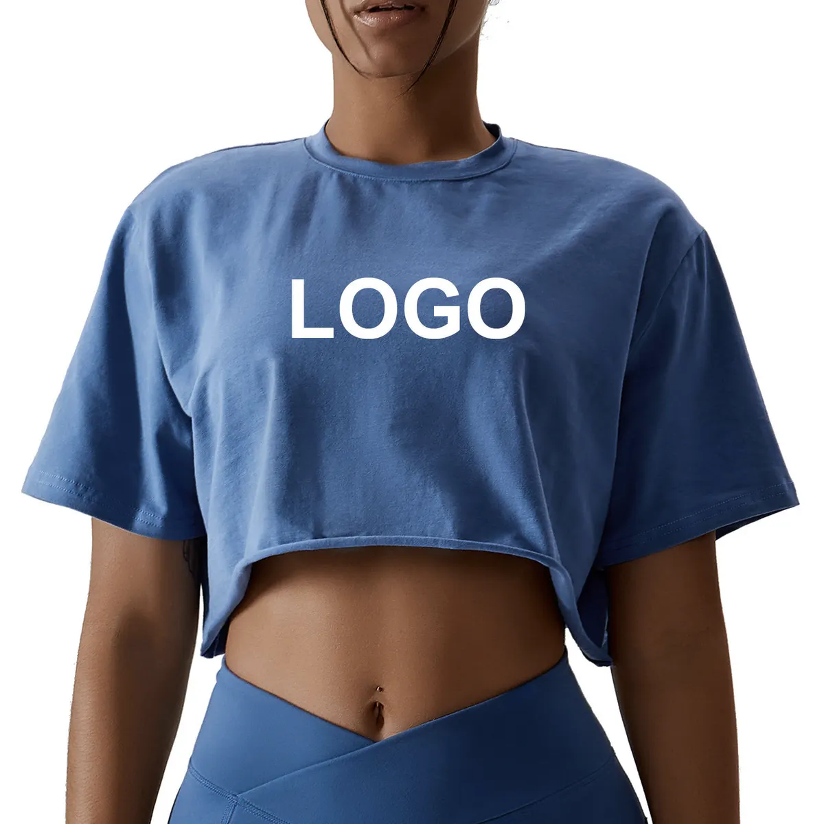 Custom Logo 100% Cotton Women Gym Short Sleeve Athletic Yoga Shirts Girls Workout Cotton Tee Loose Crop Top Crewneck T-shirt
