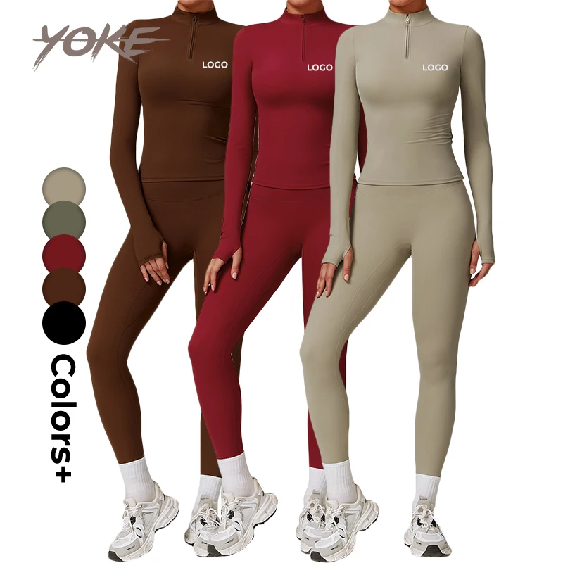 YK Custom Logo Stand Collar Zipper Long Sleeve Yoga Wear 4 Piece Workout Yoga Tops Sports Bra Elastic Waist Products Set