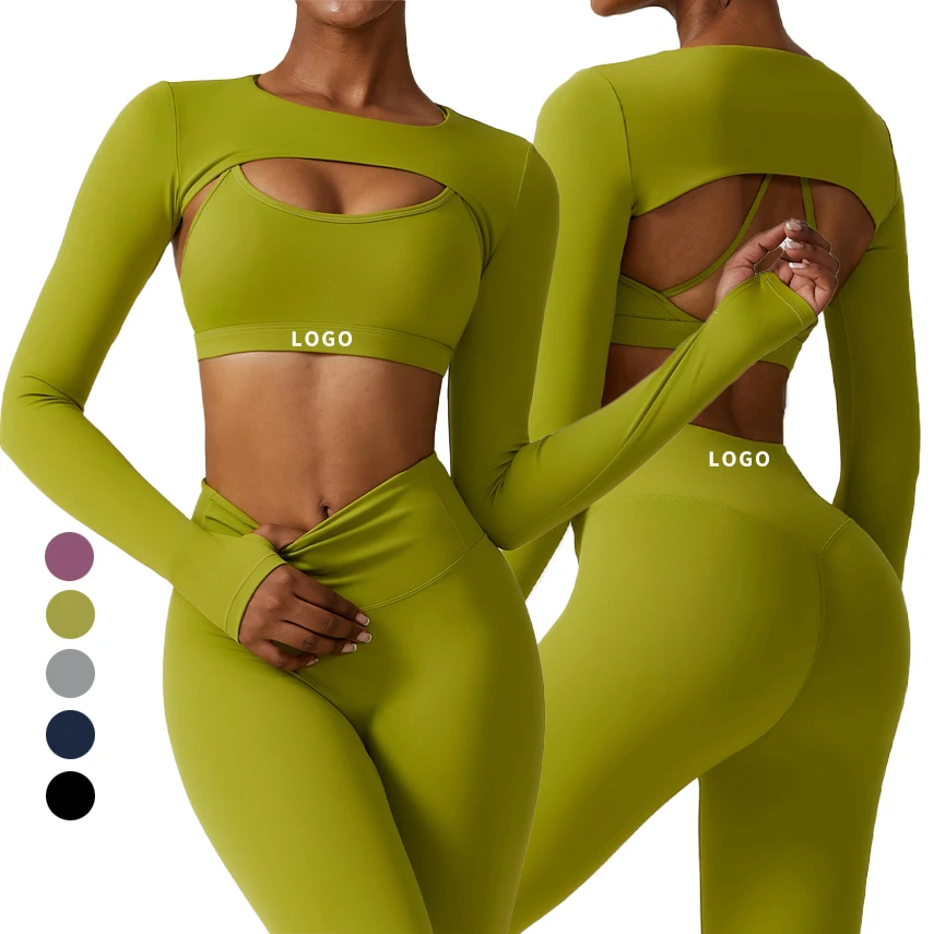 Custom Logo Solid Breathable plus size leggings set Women's Fitness Sportswear Shawl Long Sleeve Sports Bra Tank Top yoga set