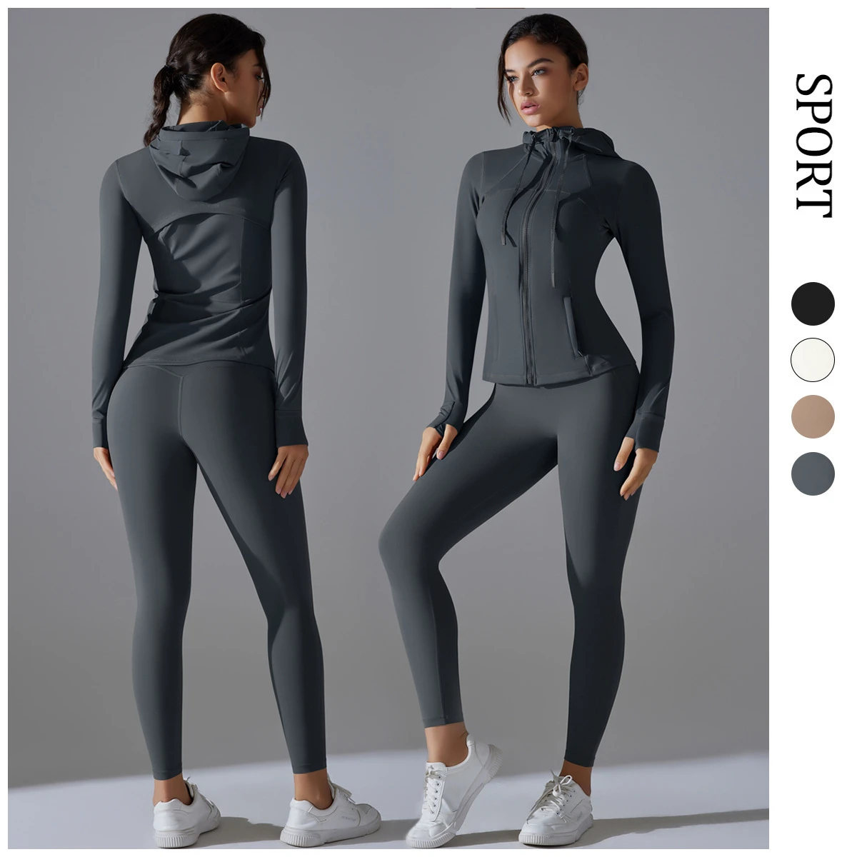 Two-Piece Plus Size Solid Color Quick-Drying Eco-Friendly Outdoor Running Yoga Set Hooded Zipper Jacket Four-Way Stretch Long