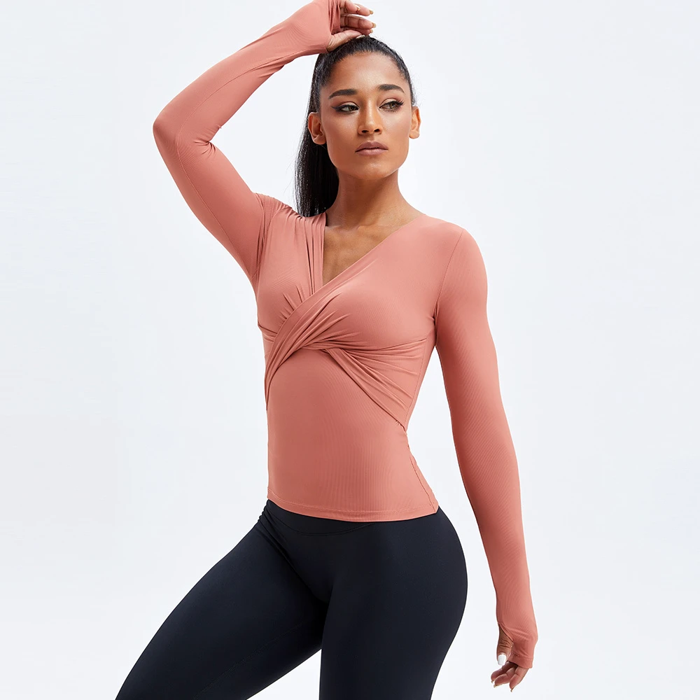Women V Neck Shirts Long Sleeve Tight Chest Cross Yoga Shirts Gym Fitness Running Crop Tops Female Sports to