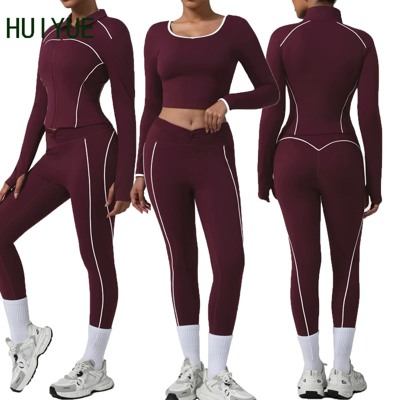 High Elasticity Yoga Set With Side Contrasting Color Invisible Zipper Pockets Lapel Jacket Outdoor Running Fitness Yoga Suit