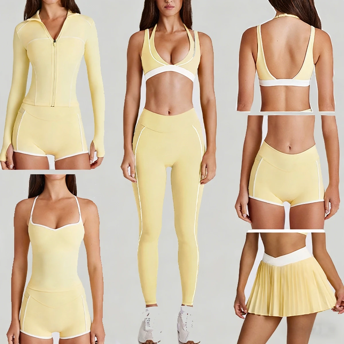 Custom High Quality 6-Piece Activewear Set, Women's Breathable Gym Leggings, Sports Shorts & Bra, Solid for Yoga & Fitness