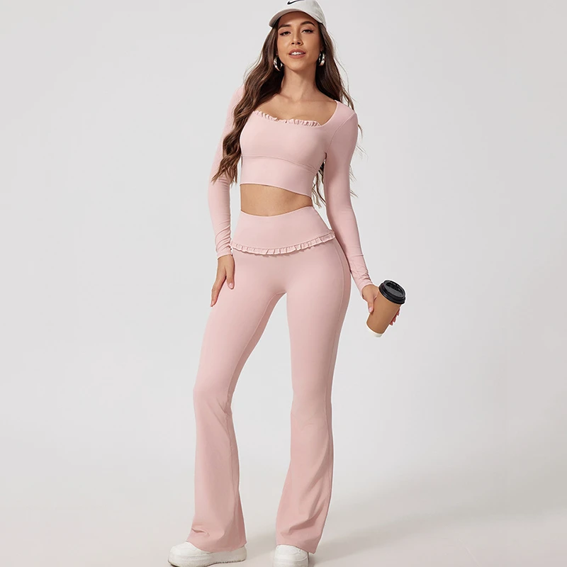 Wholesale Women's Reversible Solid Sport 2-Piece Set Long Sleeve Top Flared Leg Pants Gym Fitness Running Yoga Clothing