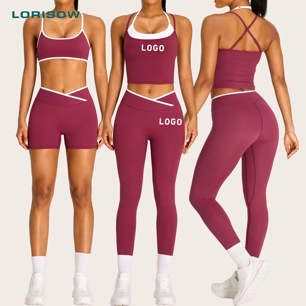 LORISOW Women's Sports Top Leggings Gym Clothes Fitness Workout Set Breathable Solid Backless Cross High Waist Yoga Shorts Set