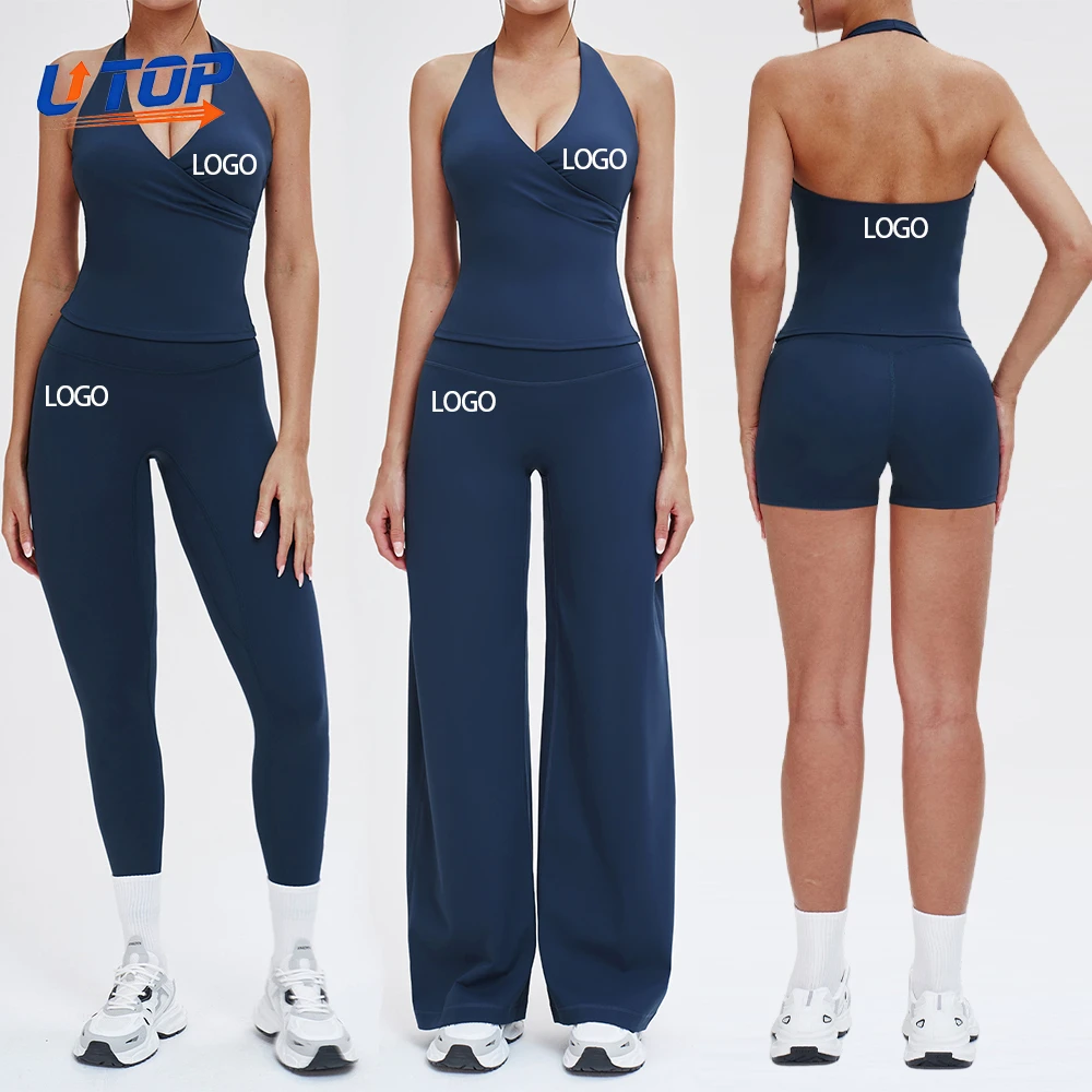 Custom Logo Bra High Waisted Shorts Leggings Flared Pants Gym Wear Women Sportswear Yoga Activewear 6 Piece Sets for Women