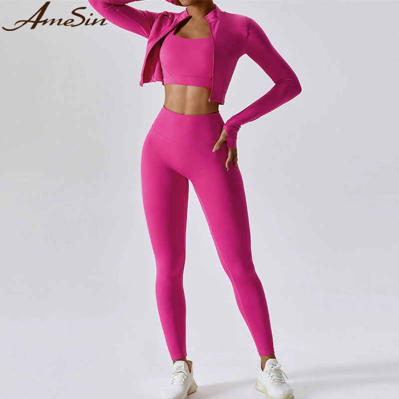 CUSTOM LOGO 3pcs Gym Wear Women Yoga Clothing Set Sleeve Crop Zipper Jacket And Sports Bra Yoga Legging Set