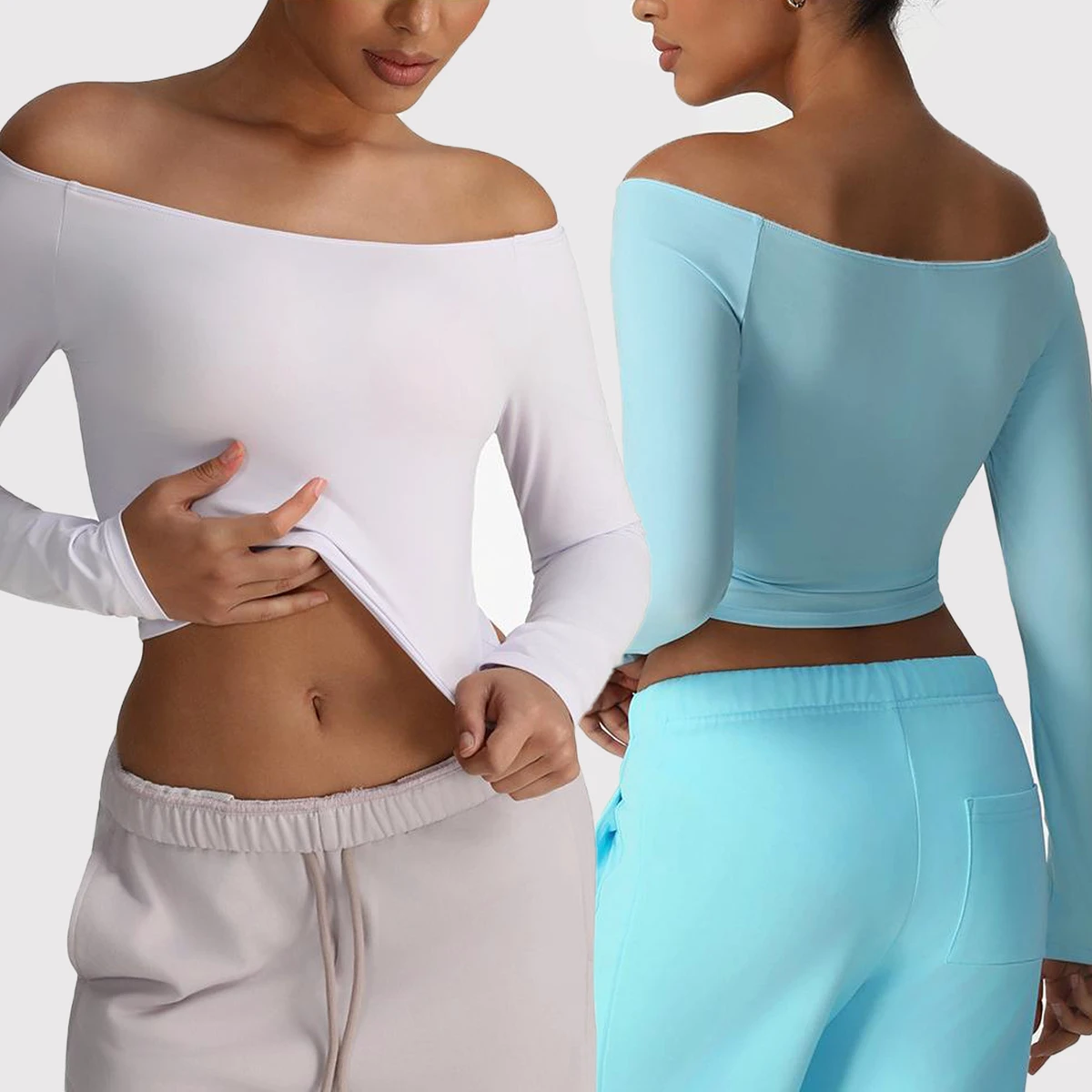 YIYI Fashion Off Shoulder Women Long Sleeve Yoga Tops Sexy Navel-Exposed Girls Sports Top Slim Fit Quick Dry Ladies Fitness Tops