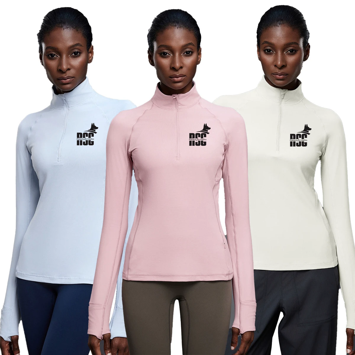 Custom Women Half-zip Stand Collar Gym Fitness Top Long Sleeves Slim Fit Pilates Yoga Tops with Thumbhole