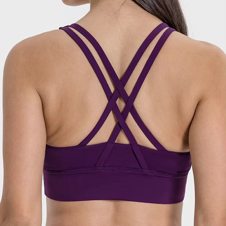 Solid Color Fitness Top Yoga Vest Gym Front Pleats Cross Back Spaghetti Straps Chest Pad Women Sports Bra
