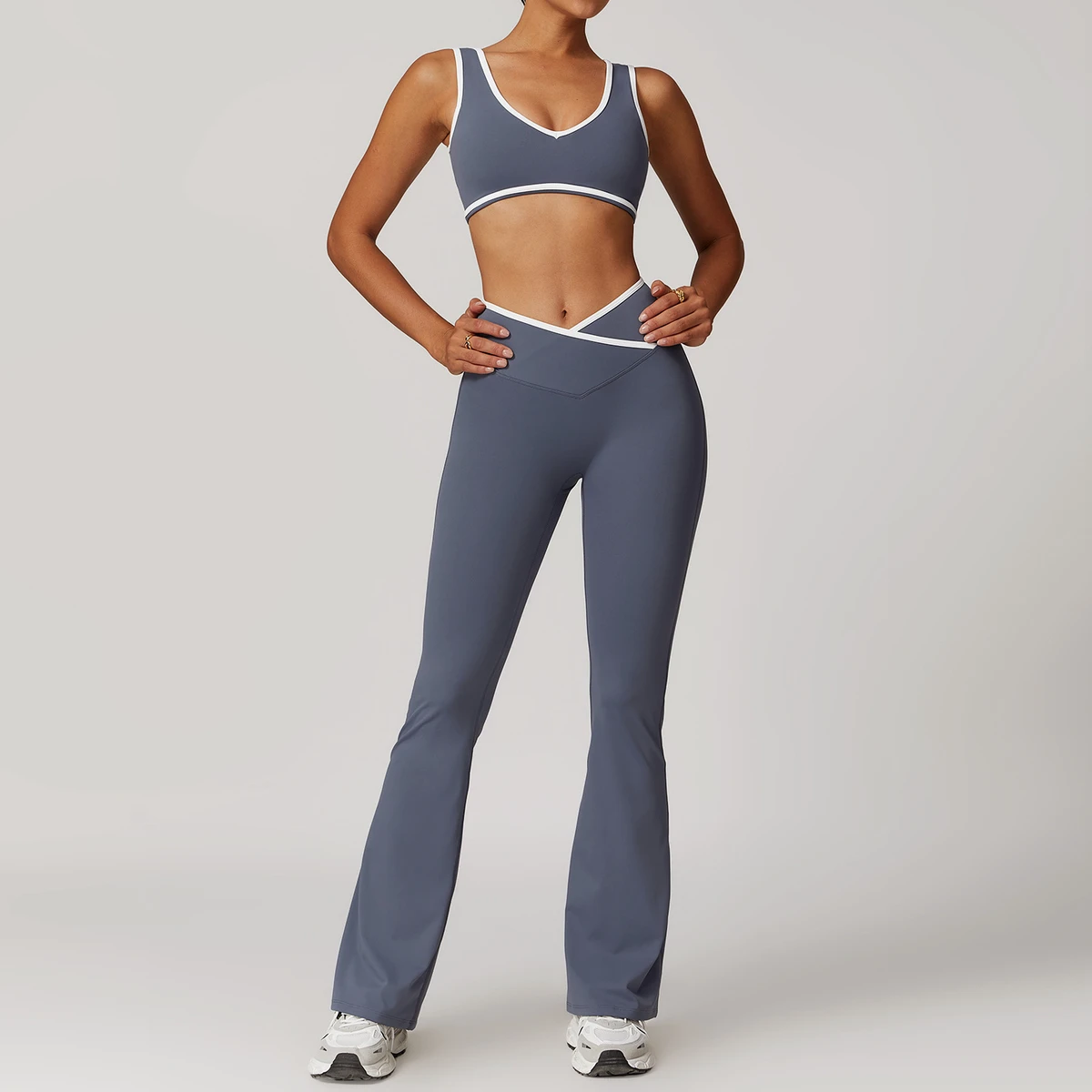 Hot Sales Women's U Neck Padded Sports Bra and Cross Waist Flared Leggings Sets Breathable Color Contrast 2PCS Active Wear