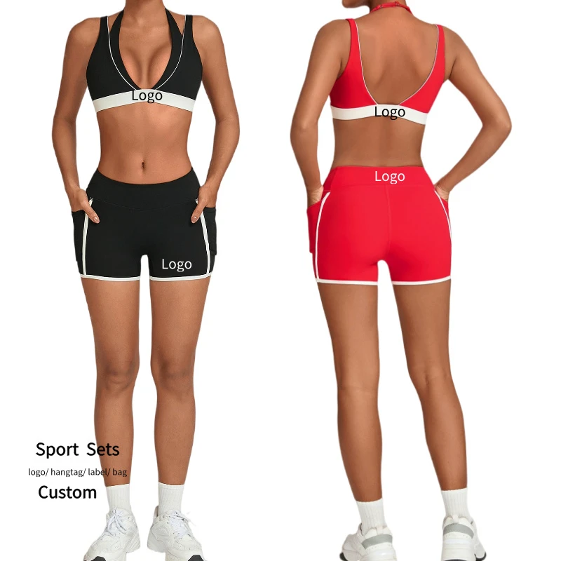 Women's Color-Blocked Patchwork Yoga Set with Pockets Tight-Fitting Sports Set for Outdoor Running Fitness Two-Piece Yoga Suit