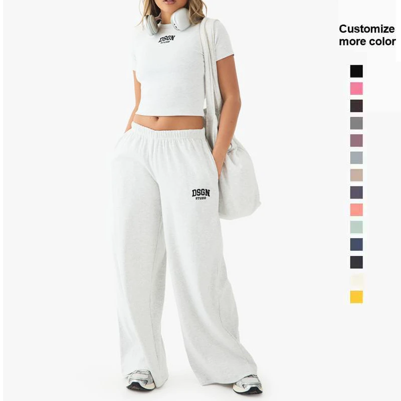 High Quality Customized Fashion Women's Sports Two-Piece Set Women's Casual Crop Yoga Sports T-Shirt With Wide Leg Pants Sets