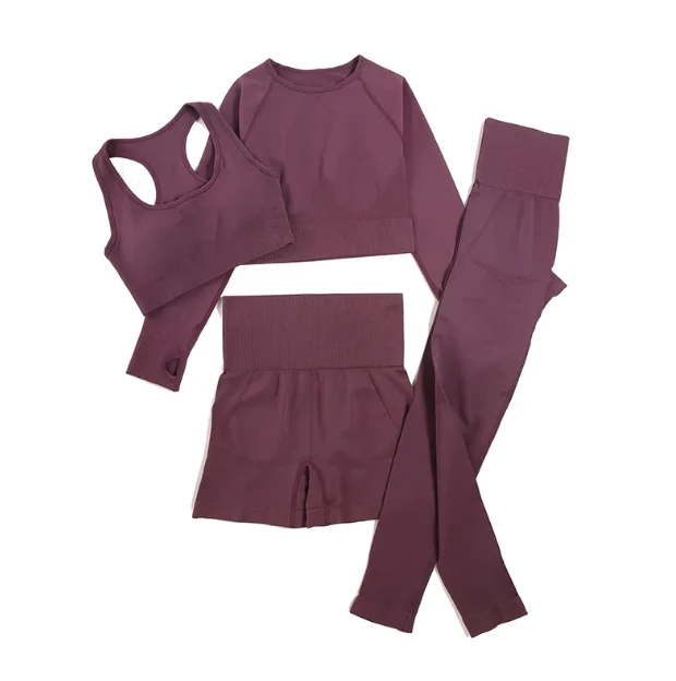 Wholesale Solid Plus Size Fitness Clothing Women Gym Sport Wear Butt Lift Yoga Leggings Long Sleeve 4-Piece Breathable Sets
