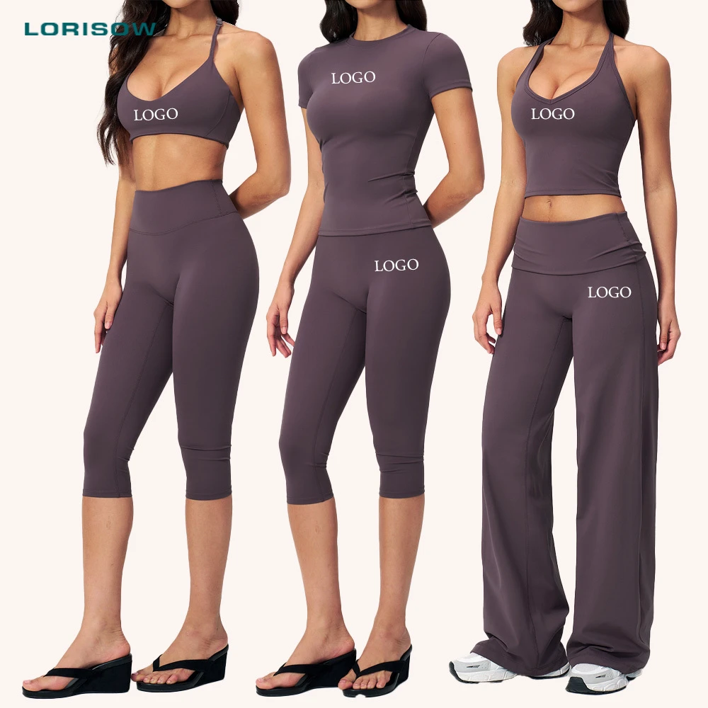 LORISOW Women Girls Breathable Solid Quick Dry Stretchy Sports Exercise Gym Wear Fold Wait Flare Pants HalterTank Top Yoga Set