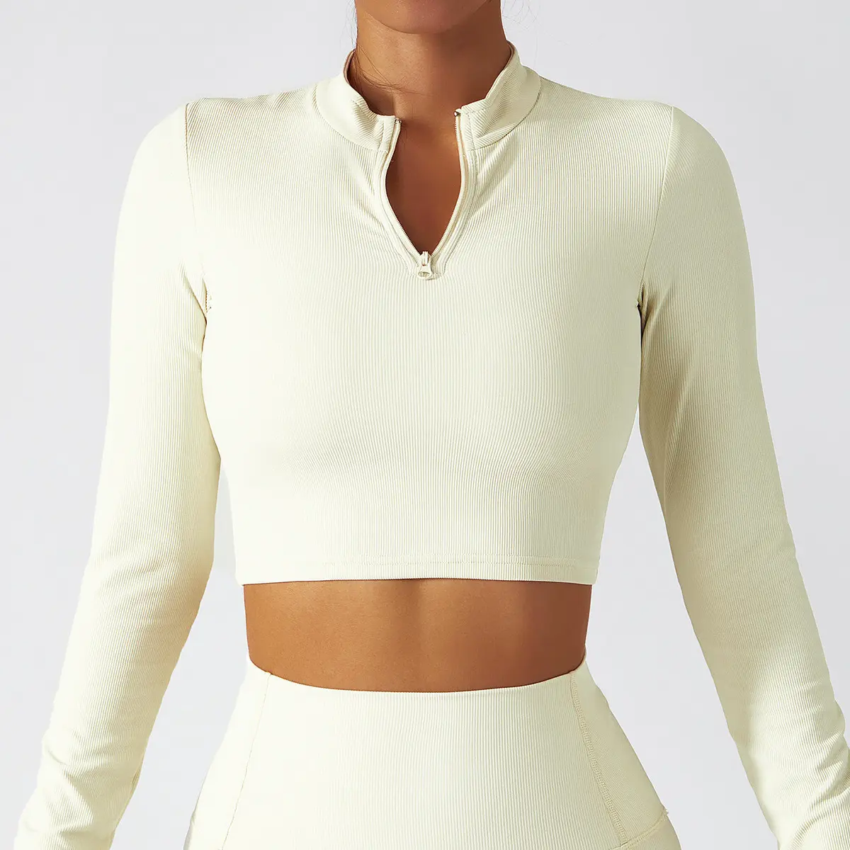 Custom Logo Ladies Ribbed Half Zipper Slim Fitted Long Sleeve Cropped Yoga Tops