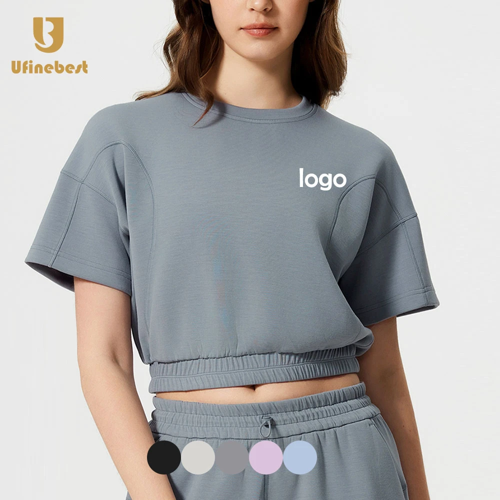 Casual Loose Women's Sportswear Sports Gym Crop Top Crew Neck Drop Shoulder Elastic Hem Yoga Top Short Sleeve