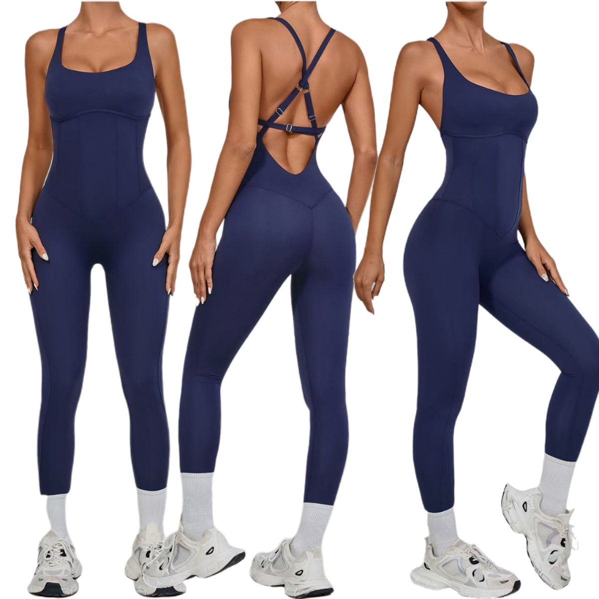 Custom Seamless Sweat-Wicking Nylon Gym Fitness Set One Piece Yoga Wear Sportswear V-neck Full-Length Adjustable Straps Women