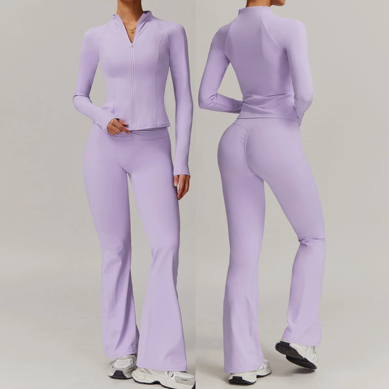 Aoyema New Arrivals Stretchy Workout Women Long Sleeve Zipper Jacket Sportswear High Waist Yoga Flare Leggings Gym Two Piece Set