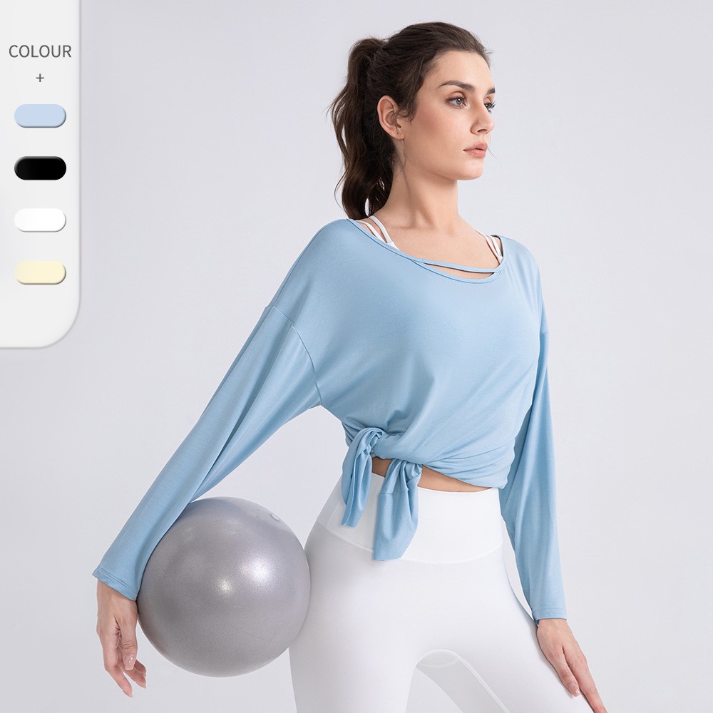Modal Spandex Women's V-Neck Long-Sleeved Blouse Cool Breathable Loose-Fitting Sports Top Pilates Training Fitness Front T-Shirt