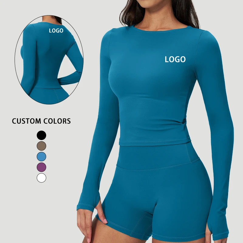 Women's Long-Sleeved Seamless Workout Tops Breathable Yoga Top with Thumb Holes for Running Yoga Crop Top