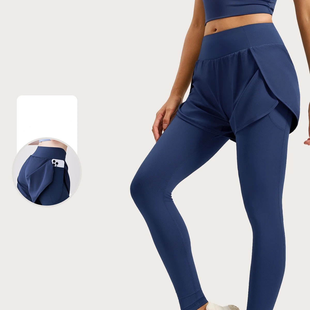 Yutuo Custom Women's Two-Piece Pocket Solid Color Ankle-Length Yoga Pants Elastic High-Waist Fitness Sports Leggings