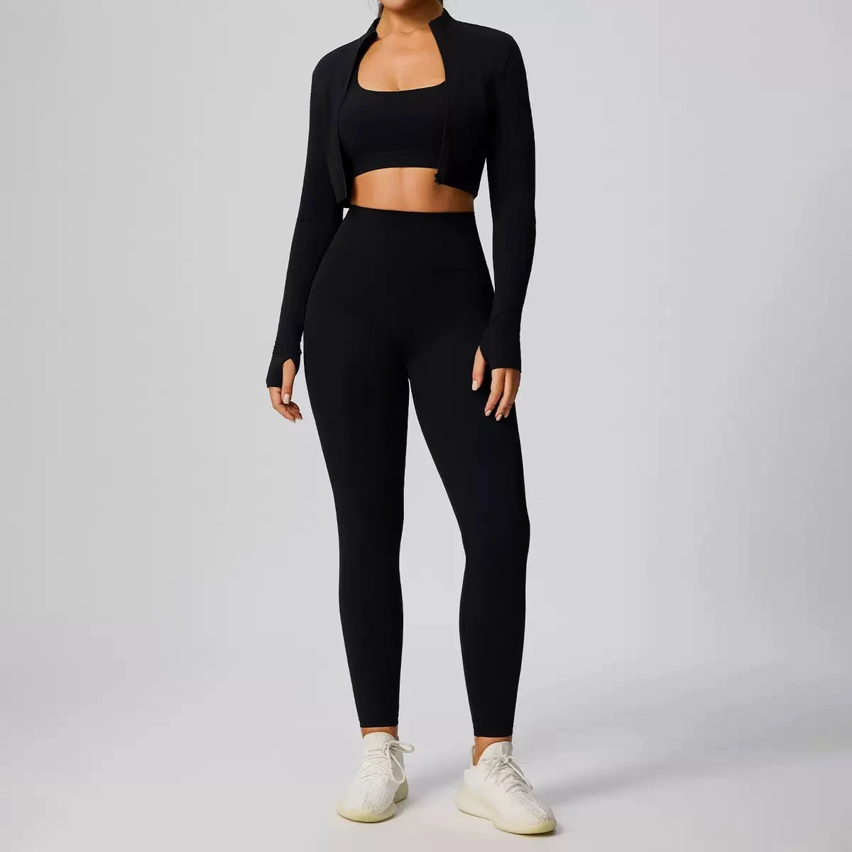 Women's Long Sleeve Sports Jacket Zipper Breathable Four-Way Stretch Fitness Yoga Top Custom Women's Three-Piece Set for Running