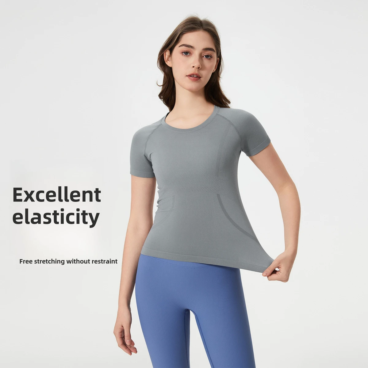 Women's Summer Slim Fit Quick-Dry Breathable Lightweight One-Piece Knitted Neck Yoga Top Short Sleeve Run Sports Seamless