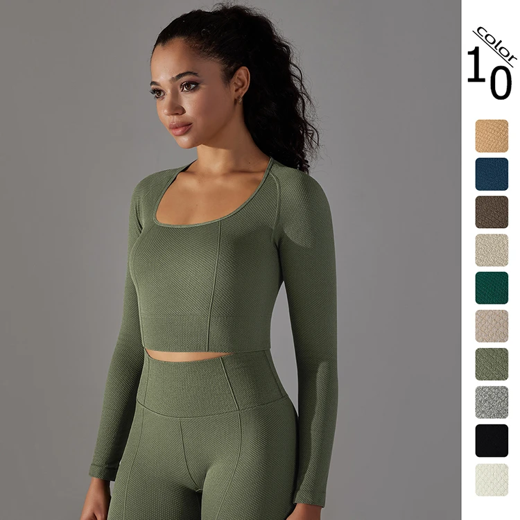 High Waisted Tummy Control Seamless Yoga Top Women Nylon Spandex Long Sleeve Padded Support Square Neck Fitness Gym Running