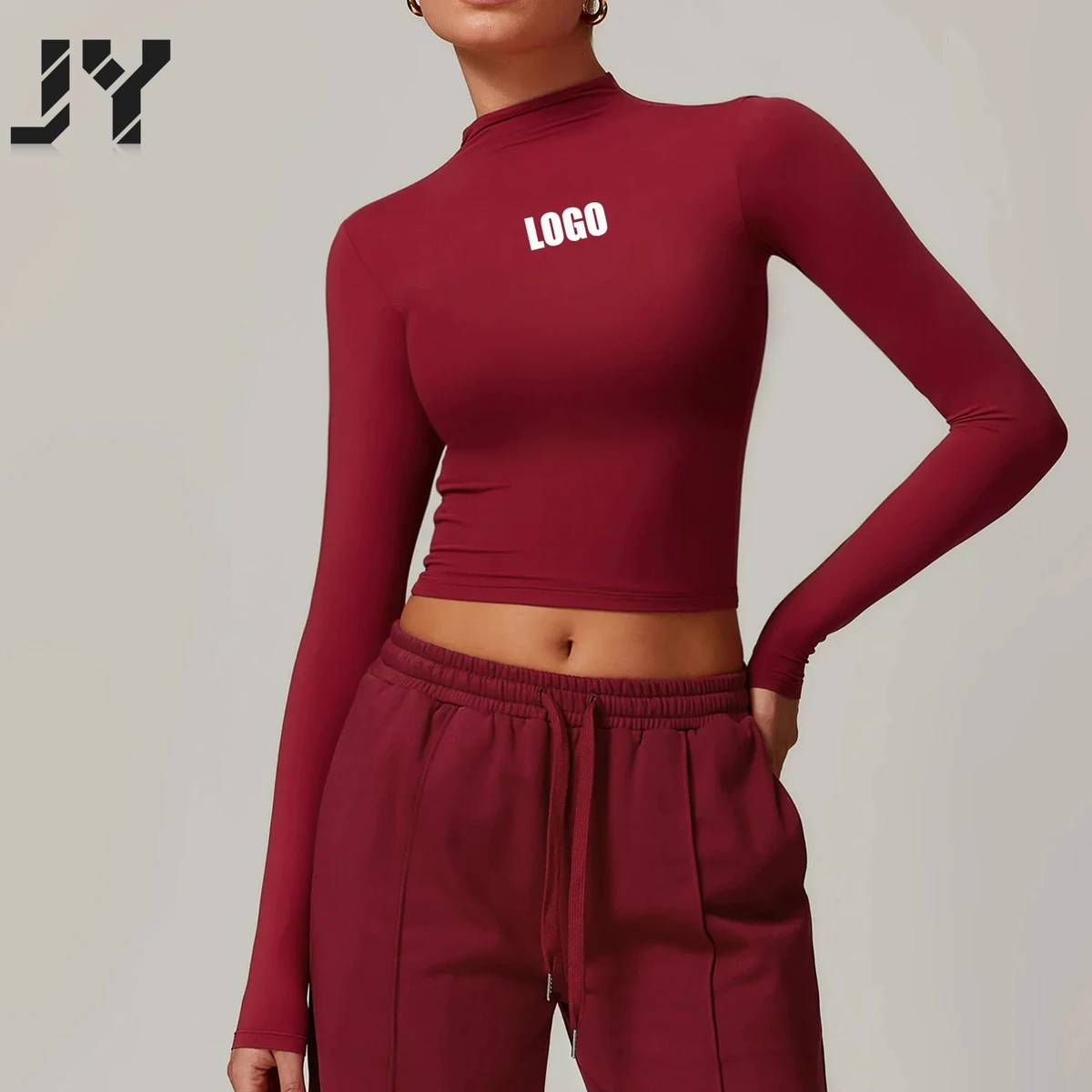 JY Women's Quick-Drying Spandex/Nylon Fitness Sports Long-Sleeved Top High-Necked Tight-Fitting Outerwear Versatile Yoga Clothes