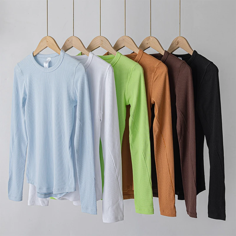 Women's Long Sleeve Compression Sports Yoga Top Soft Elastic Neck Ribbed Running T-Shirt Plus Size Custom Logo Printed Spandex