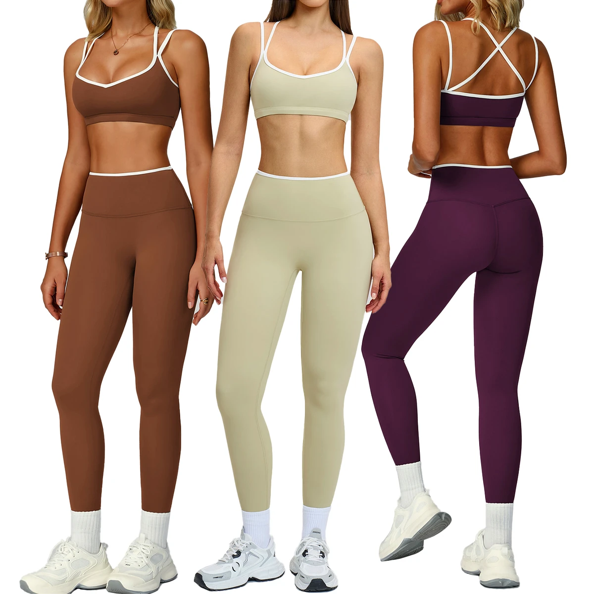 New Nylon High Elastic Custom Quick Dry Front V Shape Back Beauty Lines Design Bra High Waist Full Length Leggings Yoga Set