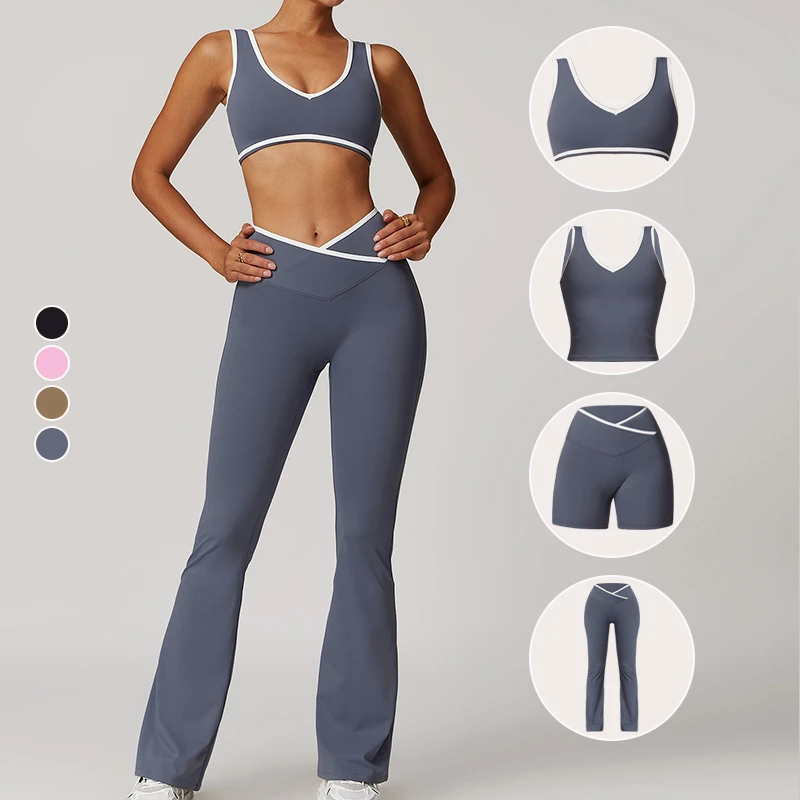 Yoga clothes 4 PCS Women's breathable tight workout set Outdoor cycling running yoga set crossover waist yoga set for women's
