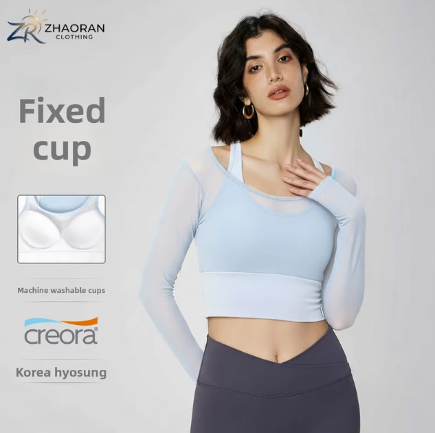 Women's Yoga Long Sleeve Mesh Spliced Fake Two-Piece Top Chest Pads Fixed Cup Quick Dry Spandex/Nylon Fitness Wear Sports Base