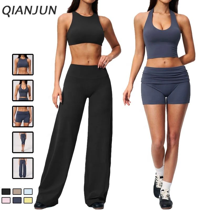 Hot Sale Women Slim Fit Yoga Crop Top 5 Piece Quick Drying Butt Lifting Fitness Clothing Set Soft Workout Activewear