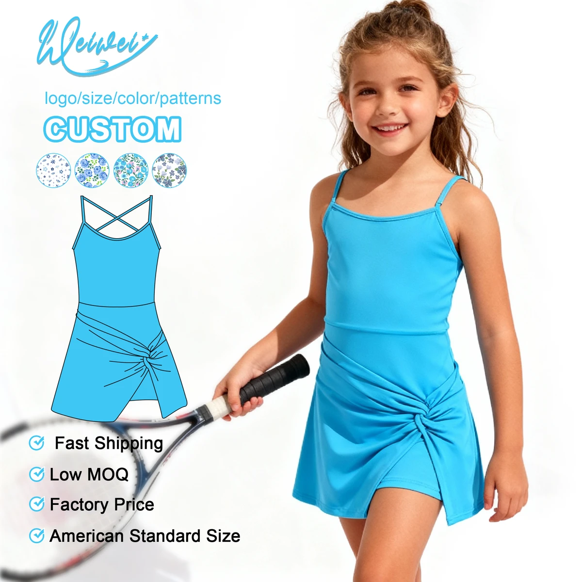 WEIWEI Custom Children Yoga Set Anti-Bacterial Breathable Quick-dry T-shirt Tennis Skirt Girls Sports Wear 2-piece Set for
