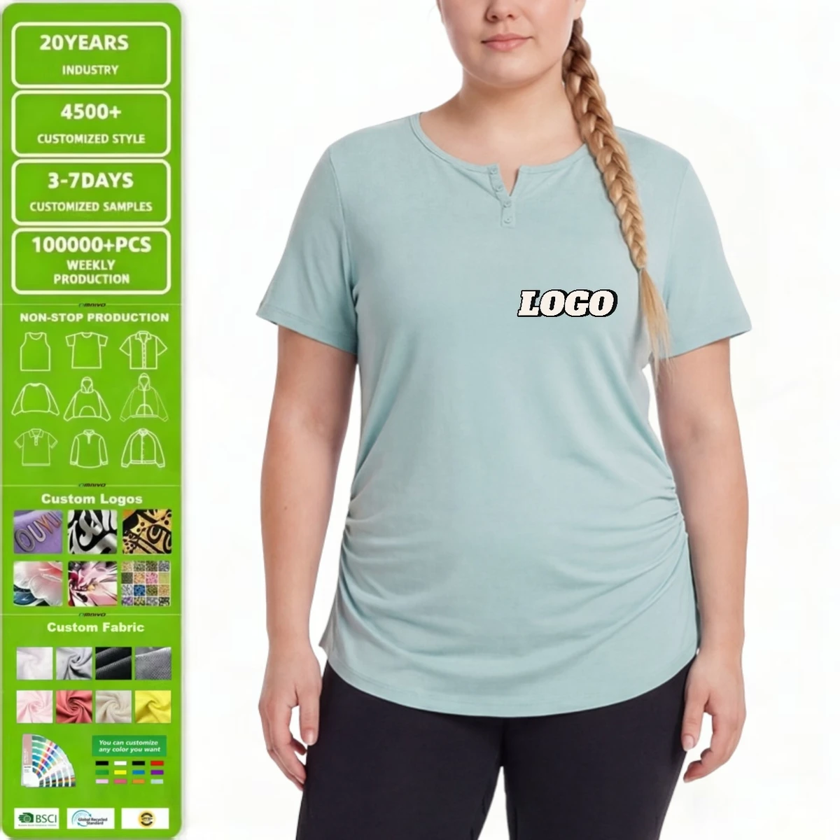 Oversized V-neck Henry Loose Shirt for Women Fitness & Yoga Wear Short Sleeve Custom Women's T-shirts for Pilates Running