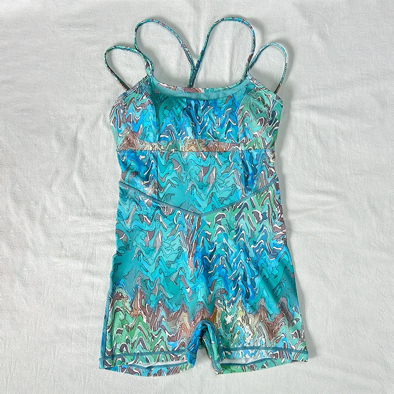 Women's Custom Logo One Piece Tie-Dyed Yoga Shorts Sports Bodysuits Jumpsuits Fitness Work Jogging Cross Strappy Printed Active