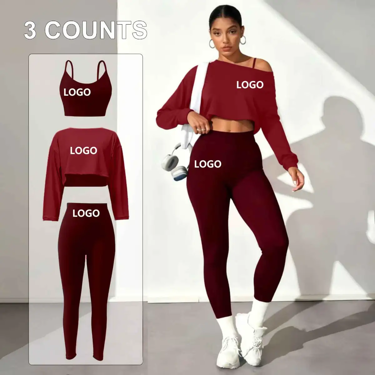 Womens Custom Sportswear Seamless Sports Bra Push up Leggings and Long Sleeve Cropped Top Three Piece Yoga Activewear Outfit Set