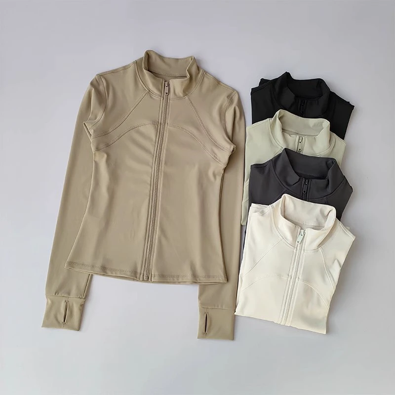 Women's Gym Fitness Running Jacket Seamless Full Zipper Yoga Top with Thumbholes Long Sleeve Neck Top Stretch Fit Sportswear