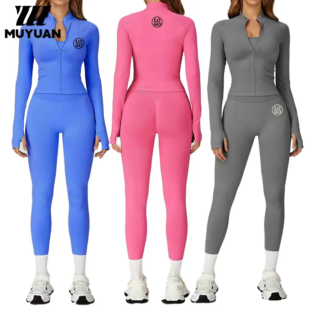 Women's Solid 4-Way Stretch Yoga Clothing Sets Breathable Eco-Friendly Nylon Spandex High Elastic Soft Zip-Up Collar Winter