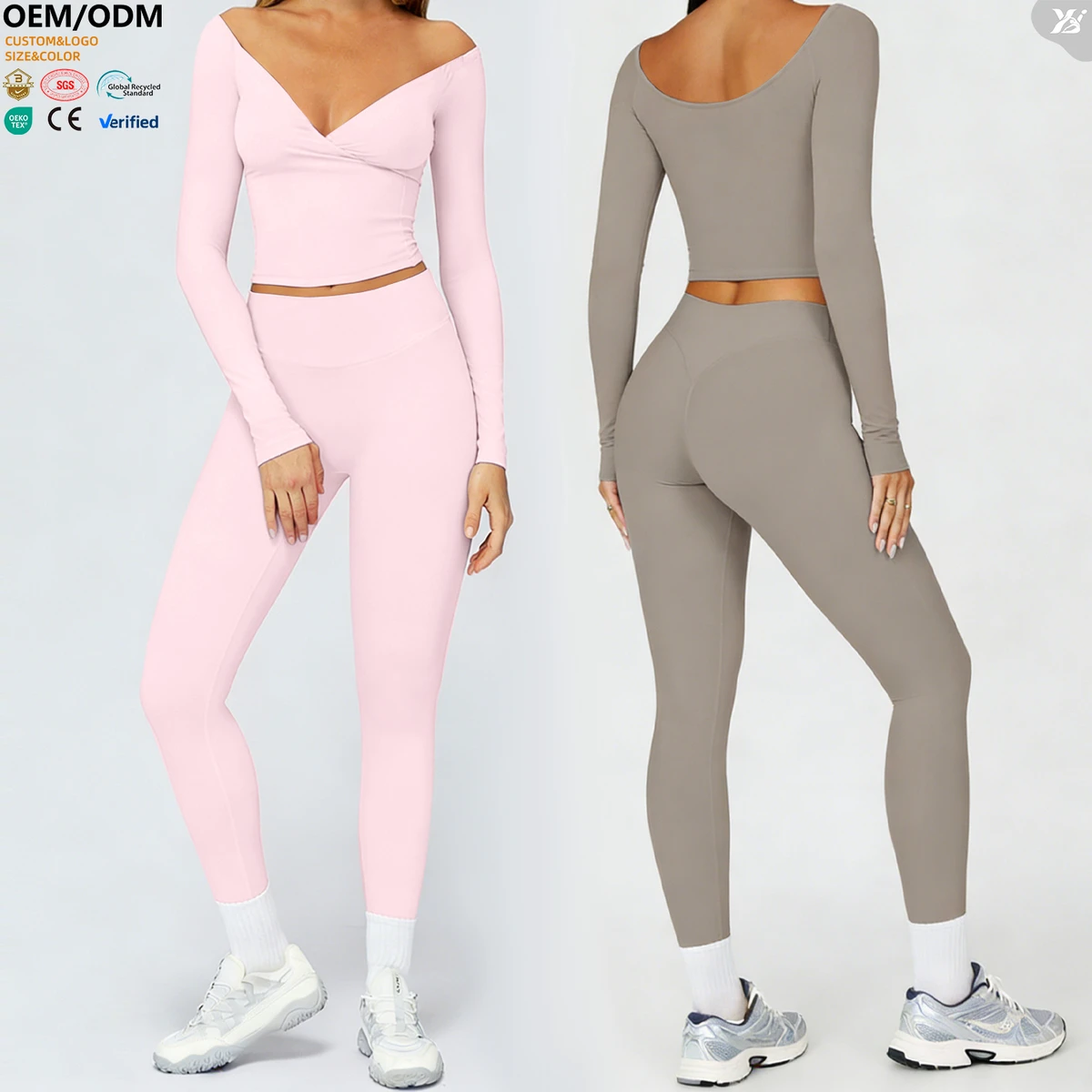 XW-ACX8002-2+ACK8002-1 Breathable Quick Dry Outfit Solid Gym Fitness Long Sleeve High Waist Sports Leggings Two Piece Yoga Set
