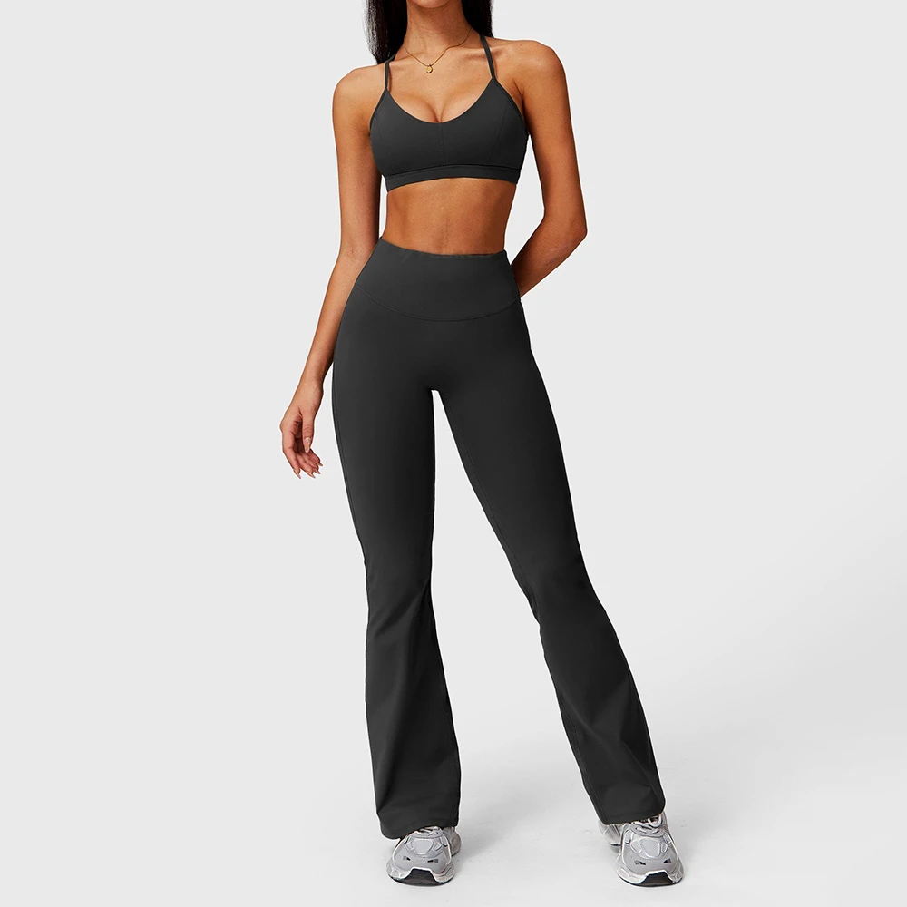Two Piece Woman Seamless Soft Compression Wear Long Running Pants Bra Bell-bottoms Yoga Set