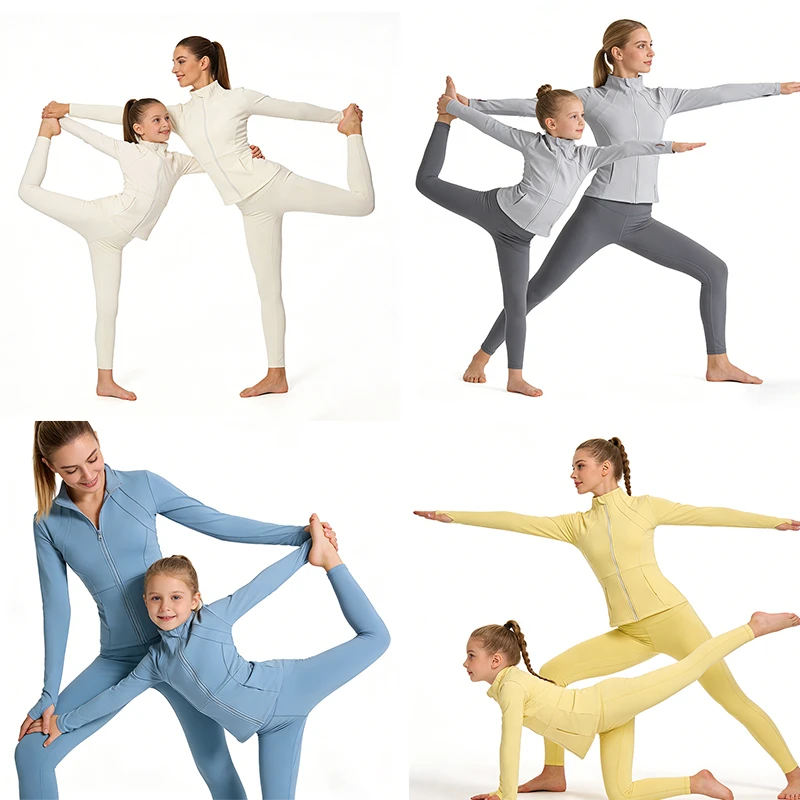 High Quality Trendy Soft Nylon Spandex Woman Girls Yoga Set Sleeve 2 Piece Gym Sportswear Leggings Zip Jacket Girl Workout Sets
