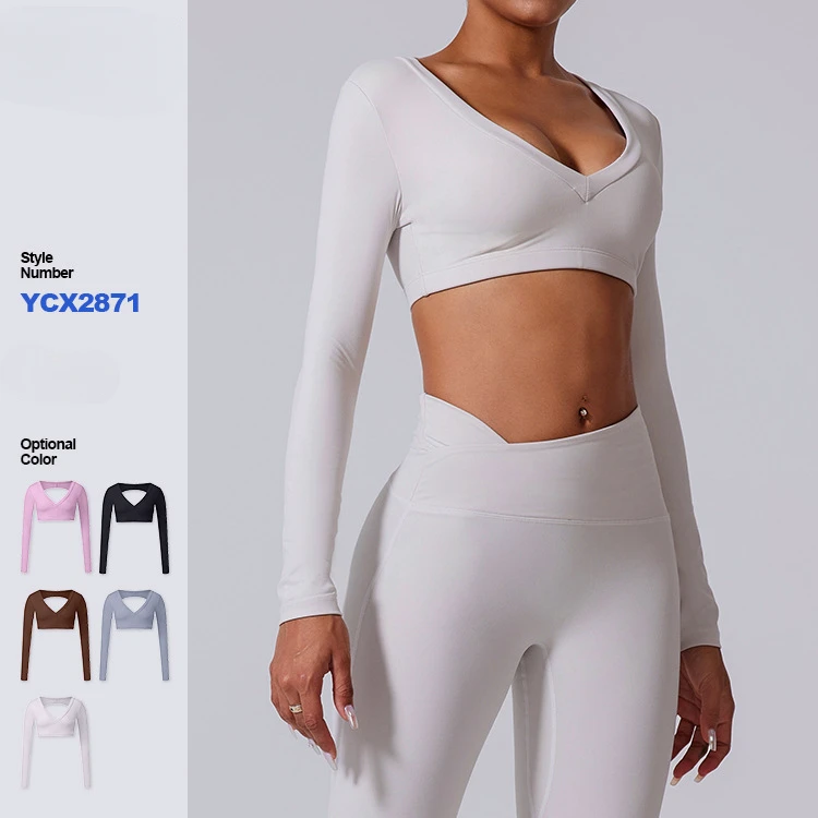 Fall Women Seamless Breathable Lightweight Crop Top Long Sleeve Padded Backless Sports Yoga Shirt Workout