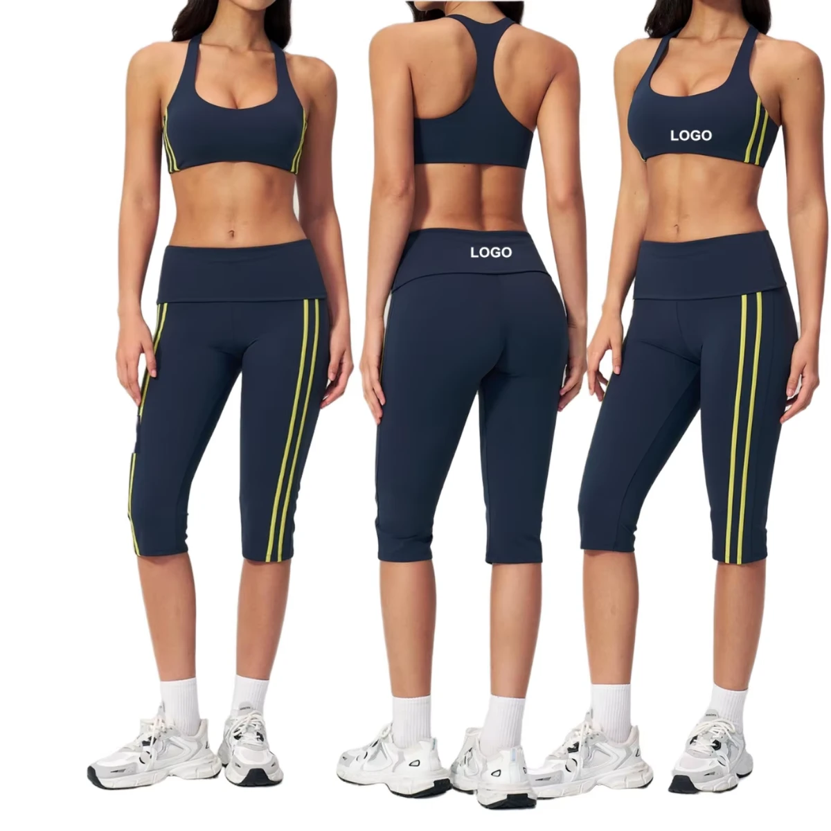 Capri Set Two Pieces Racer Back Bra And Knee Length Tights Leggings Yoga Gym Fitness Tracksuit For Women Running Training Wear